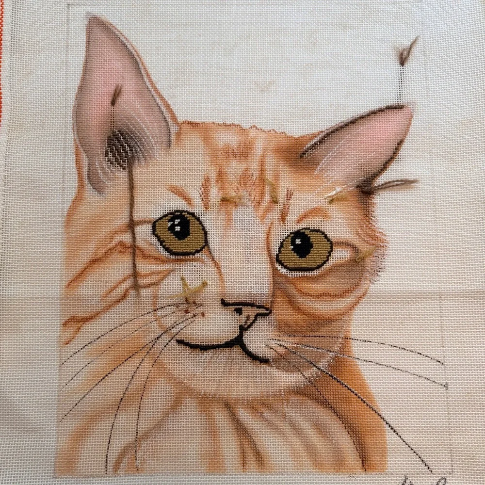 Leigh Designs Hand Painted Tabby Cat Needlepoint Canvas Partially Stitched